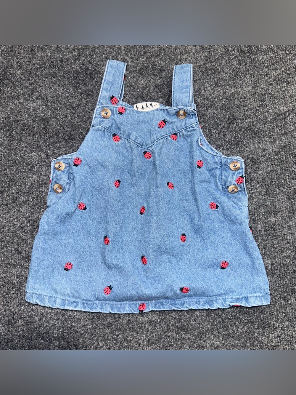 Nicole Miller blue denim overalls dress with red ladybug appliqués size 6/9M